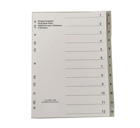 PLASTIC DIVIDER WITH 1-12 COLOUR TAB, A4 SIZE, GREY COLOR