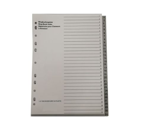 PLASTIC DIVIDER WITH 1-31 COLOUR TAB, A4 SIZE, GREY COLOR